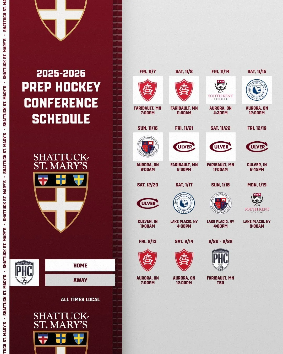 Shattuck St. Mary's School Schedule
Full PHC Schedule: https://www.thephchockey.com/schedule