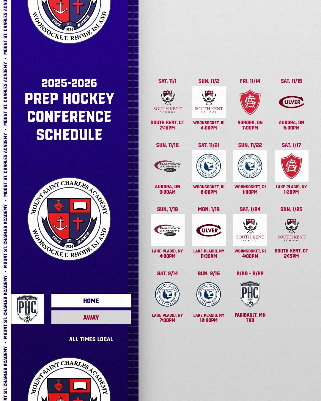 Mount St. Charles Academy Schedule
Full PHC Schedule: https://www.thephchockey.com/schedule