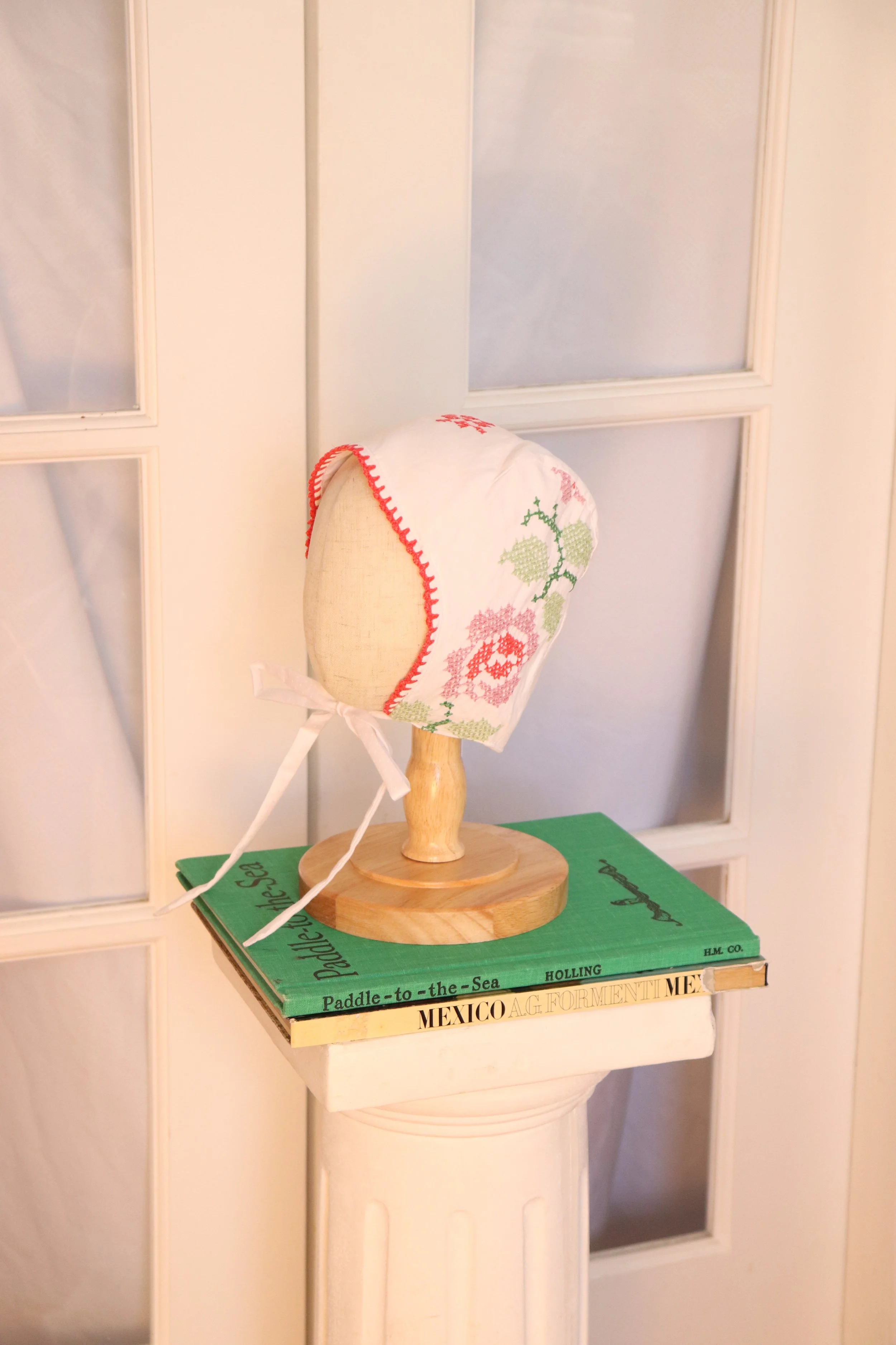 Rosebud Cross-Stitch Baby Bonnet