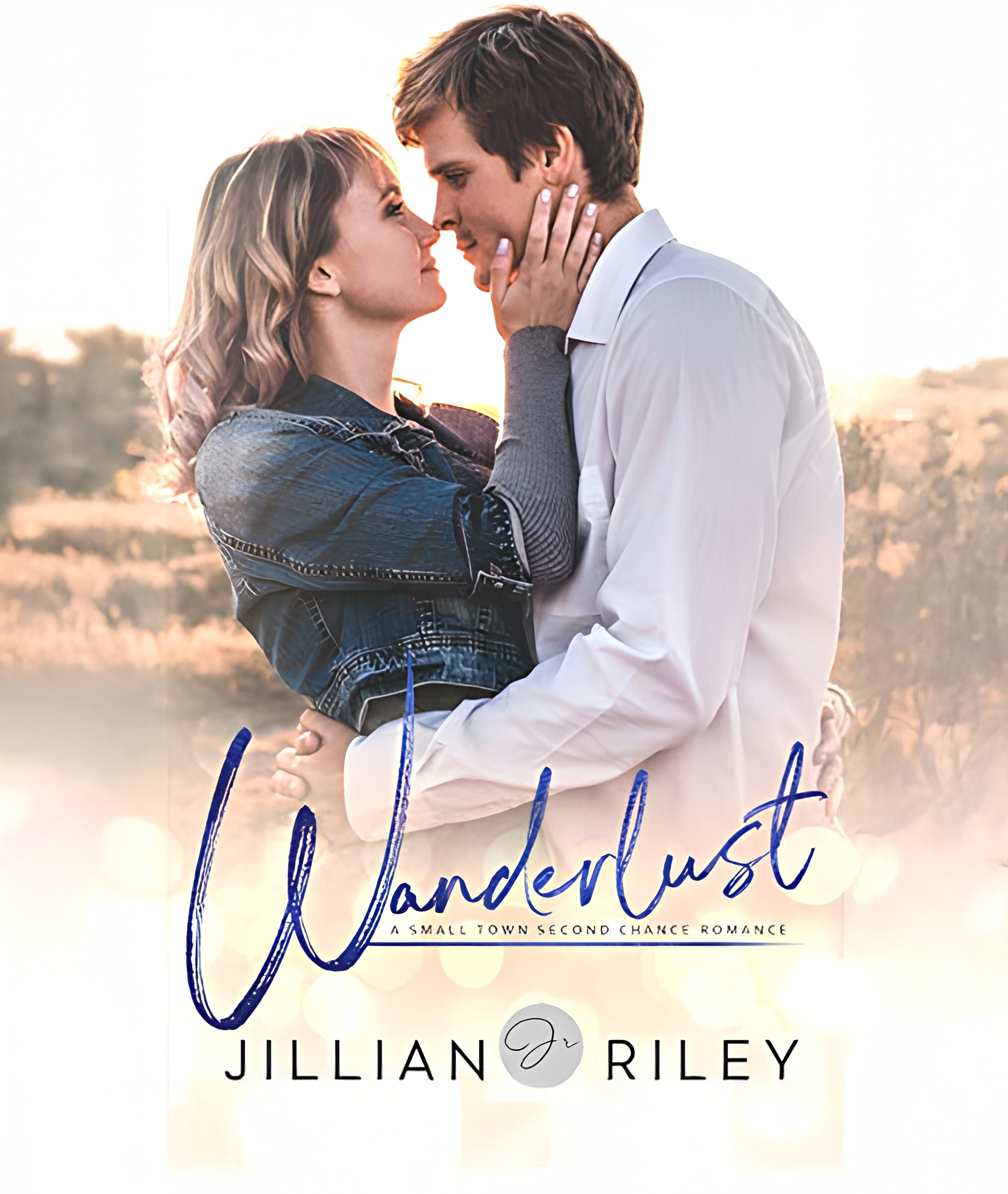 A romantic scene of a young couple standing close to each other outdoors during sunset, gazing into each other's eyes, with the woman holding the man's face and the man holding her waist. The background has a scenic landscape with soft lighting.
