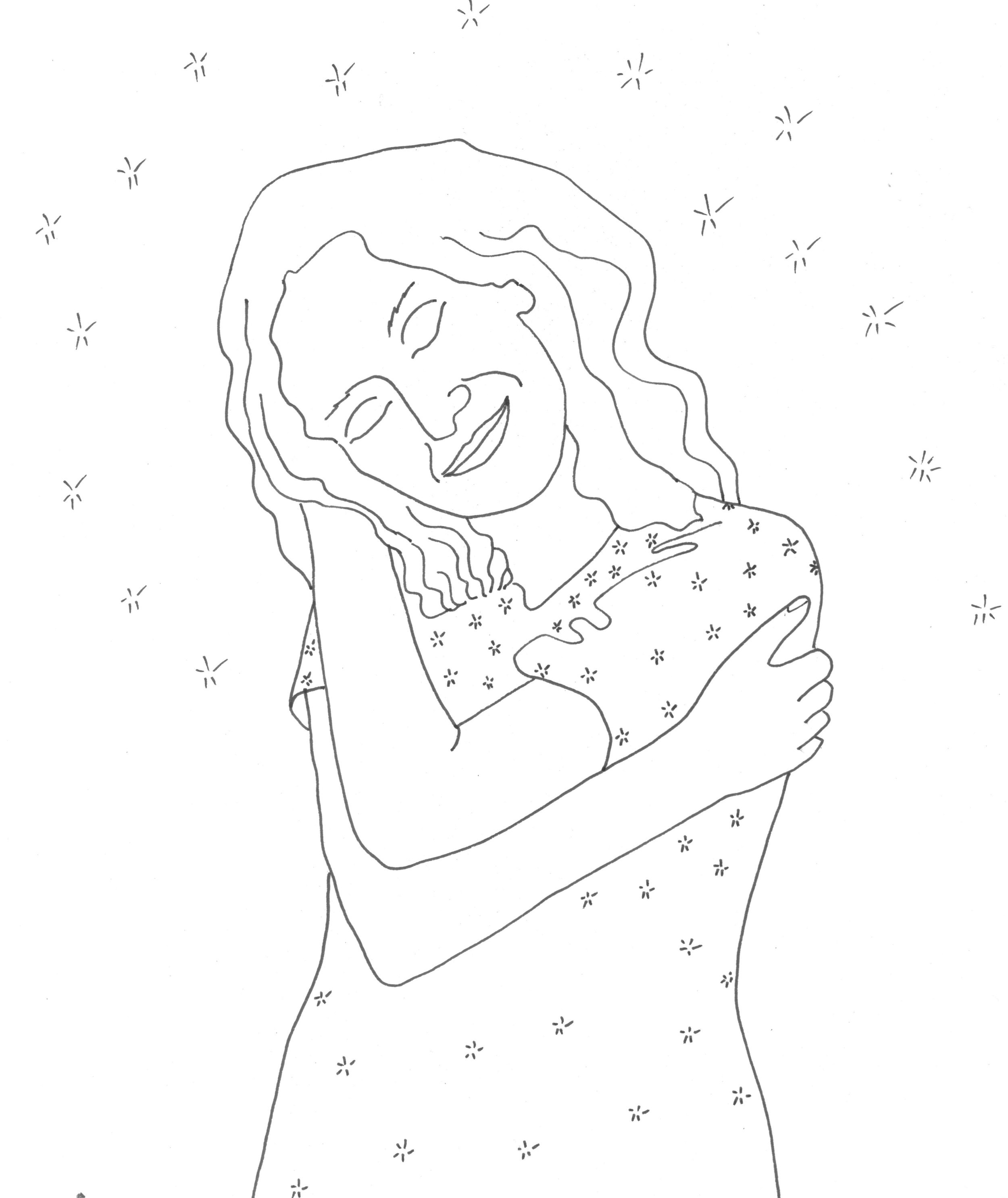 Line drawing of a woman with wavy hair, smiling as she hugs herself, surrounded by small star-like sparkles.