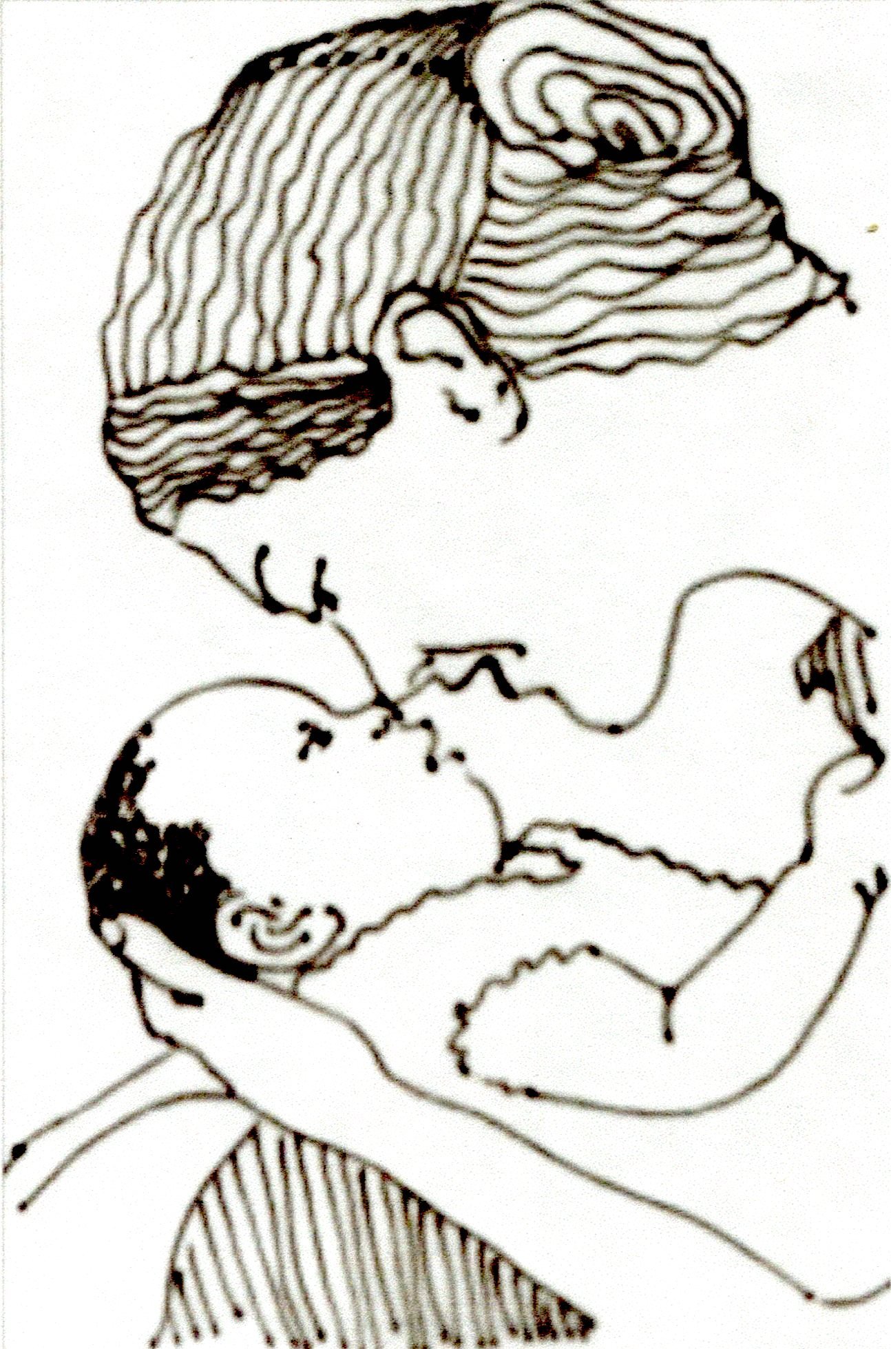 Pen and ink drawing by Naomi Rose showing a tender moment between a mother and baby, with detailed line work and cross-hatching technique