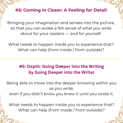 Text excerpt with sections titled 'Coming in Closer: A Feeling for Detail' and 'Depth: Going Deeper into the Writing by Going Deeper into the Writer,' discussing emotional connection and inner experience in writing, decorated with ornate corner designs.
