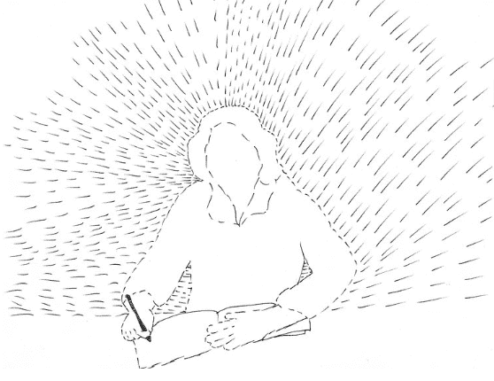 Line drawing of a woman writing in an open book, with rays of light radiating outward all around her.