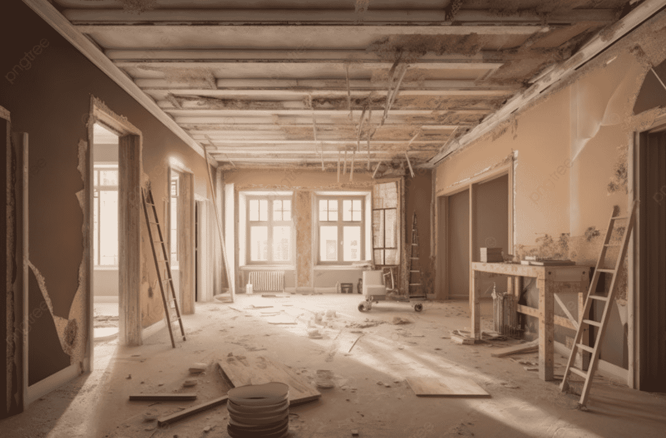 Photo, iInterior of a building under construction with unfinished walls, exposed ceiling beams, and construction tools and materials scattered on the floor.