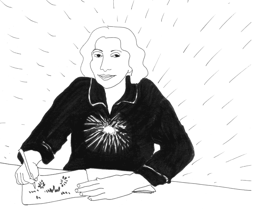 Line drawing of a woman sitting at a table, smiling, drawing on a paper with a pen. She has short hair and is wearing a dark top with a starburst pattern on the chest. Background features radiating lines.