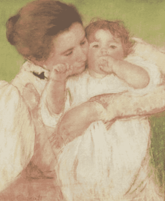 A Mary Cassatt painting of a mother nestled cheek-to-cheek with her baby, in soft muted tones of rose and green.