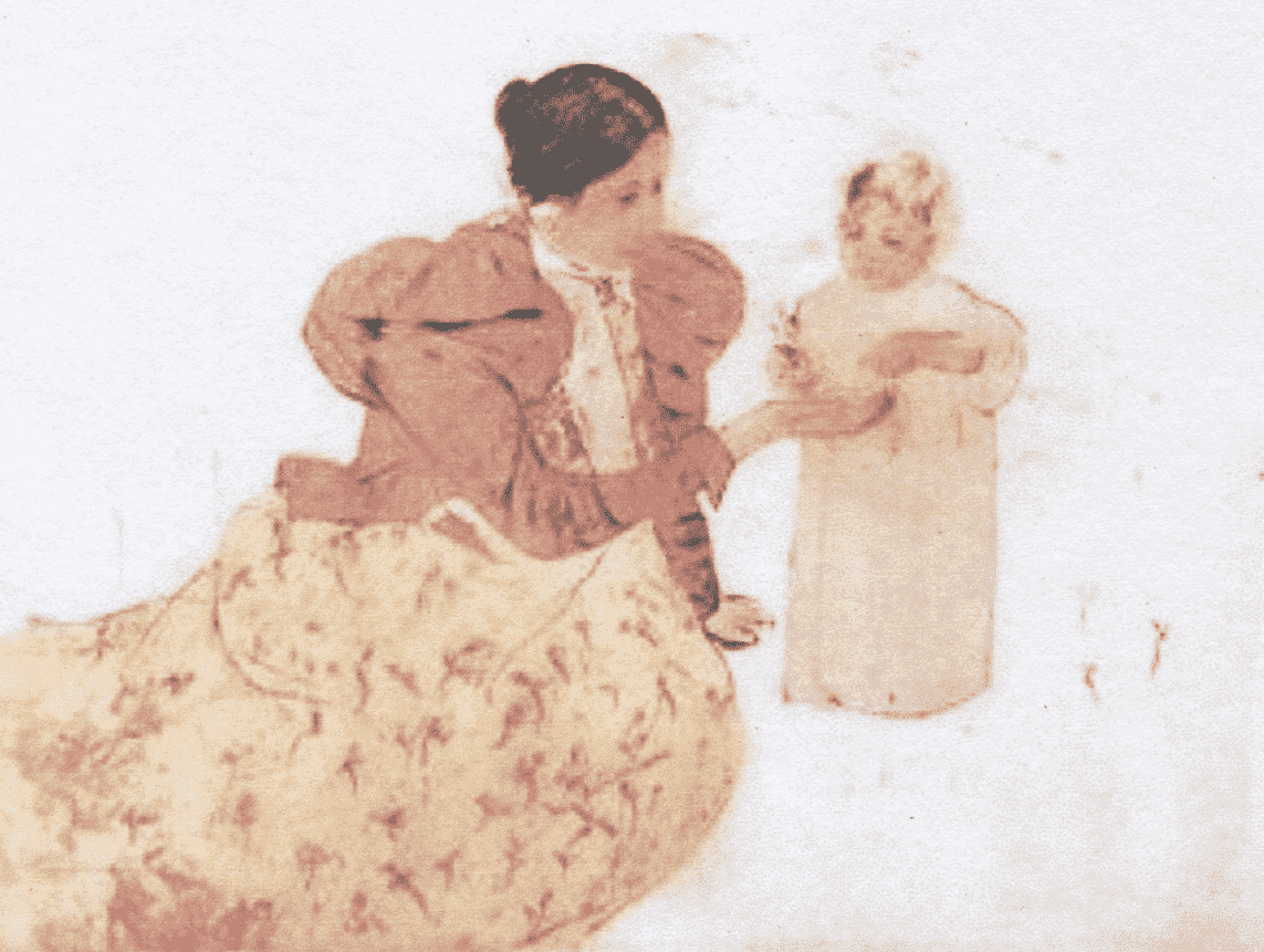 Sketch by American Impressionist Mary Cassatt depicting a woman in patterned clothing seated with a young child, rendered in soft sepia tones and delicate, unfinished line.
