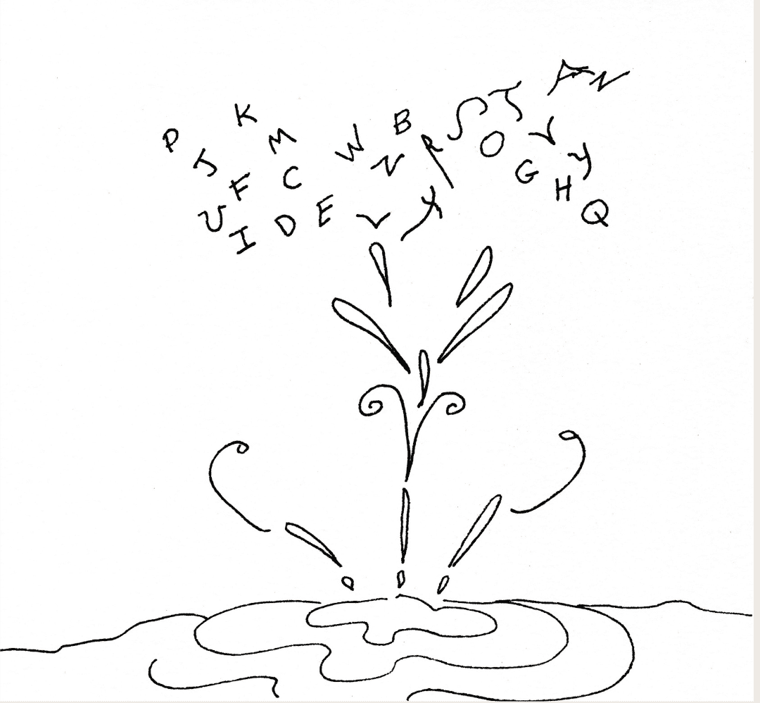 Line drawing by Naomi Rose indicating glimmers of inspiration, showing drops rising up from the ground and turning into letters of the alphabet.