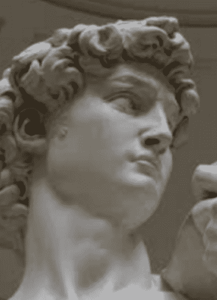 Photo of Michelangelo’s stone sculpture of David, head-view only.