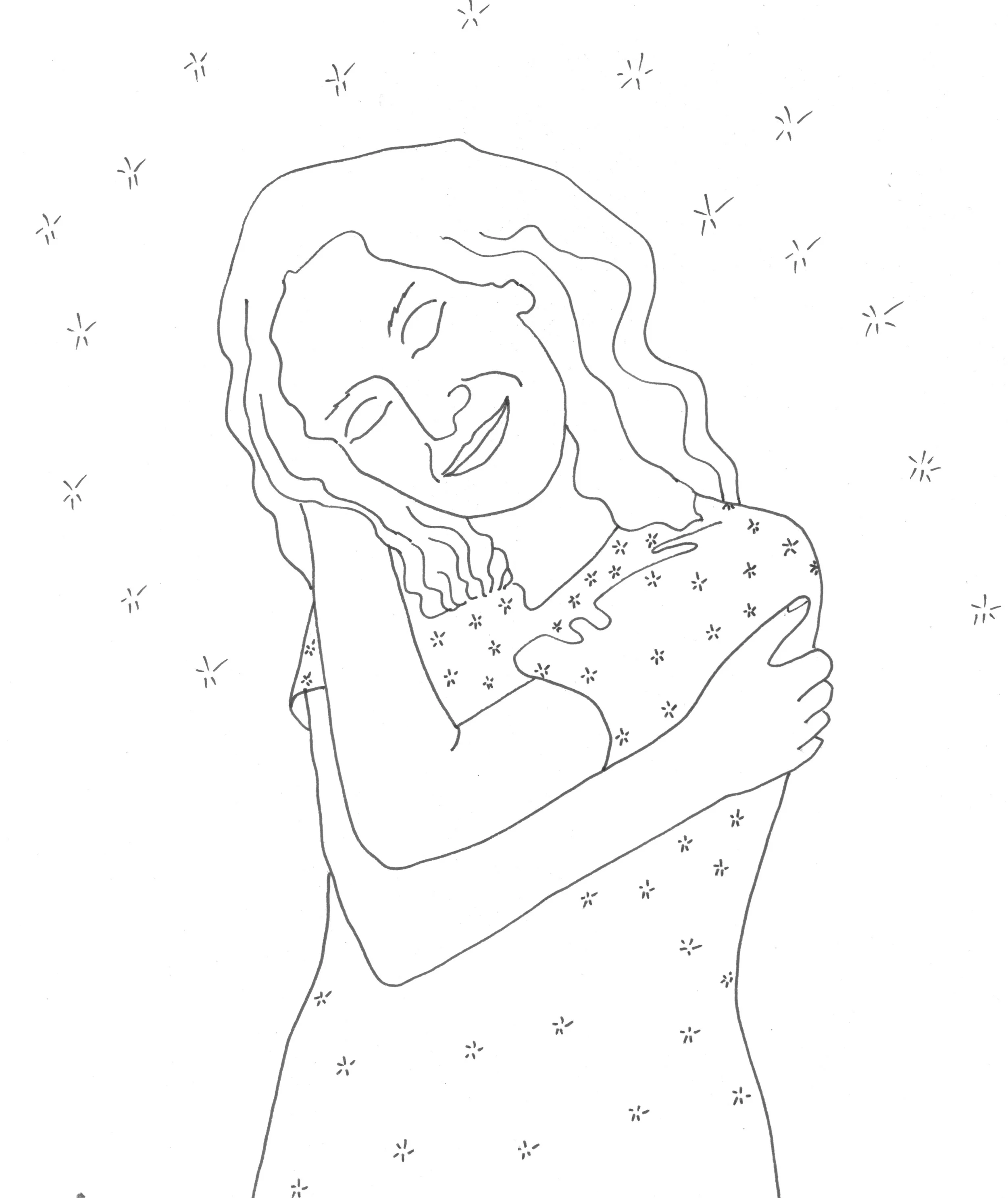 Line drawing of a woman with curly hair hugging herself with a happy expression, surrounded by small star-like shapes.