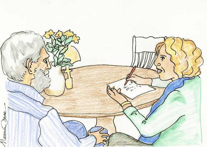 Line and watercolor drawing of a book development session between Naomi Rose and a client at a round table in conversation, with flowers and books present, depicting the collaborative book development process