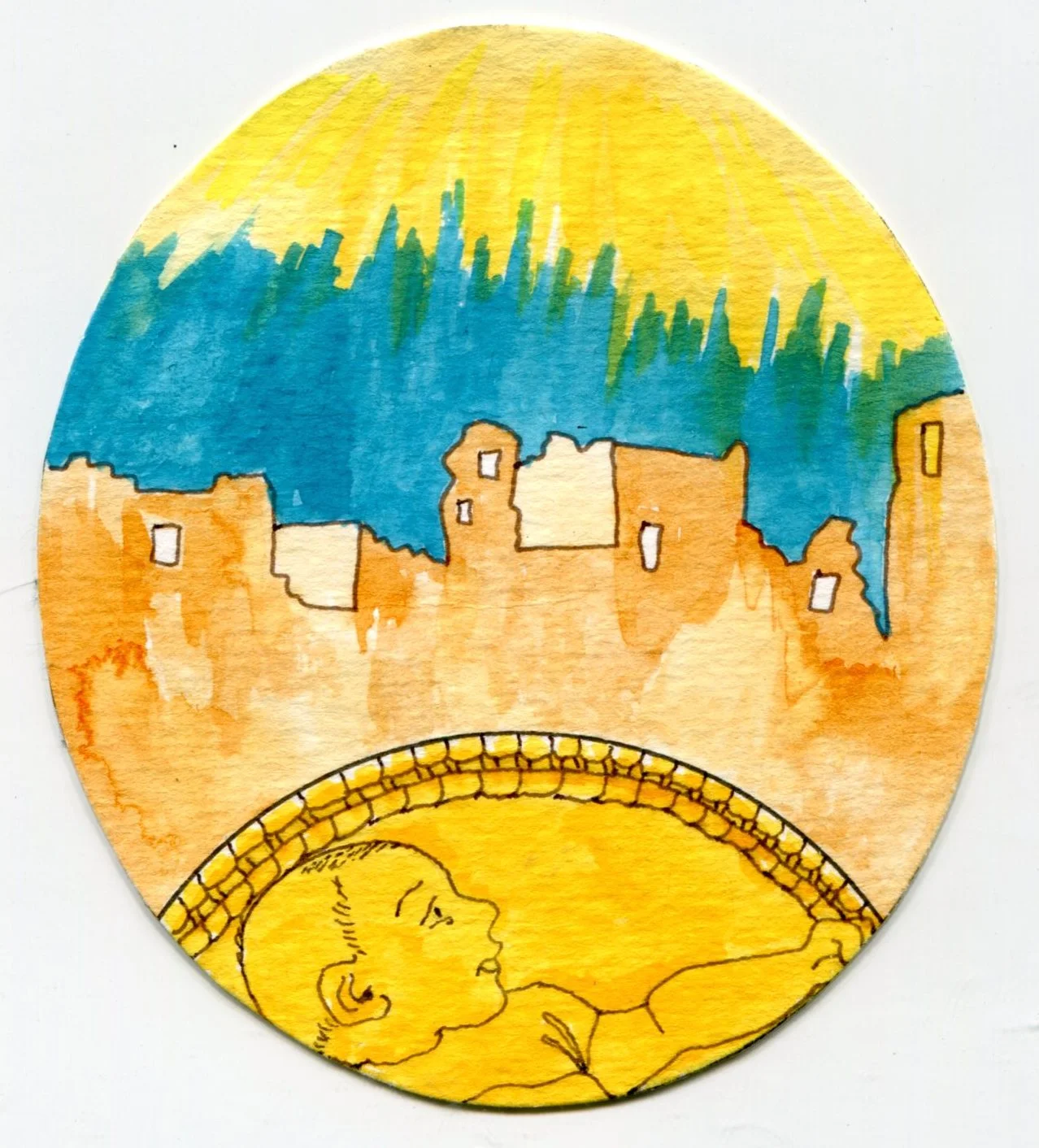 A hand-painted illustration by Naomi Rose of a baby lying in a crib and having a vision of gold cliffs in the sunlight, from “Postcards from the Lost World.”.