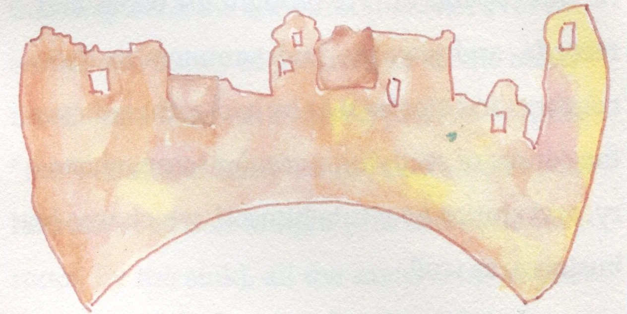 A hand-painted illustration in soft pastel shades by Naomi Rose of cliffs in sunlight, from “Postcards from the Lost World.”