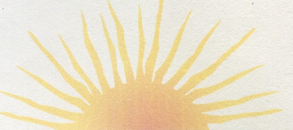 A hand-painted rising sun in soft gold, its rays radiating upward from the horizon.