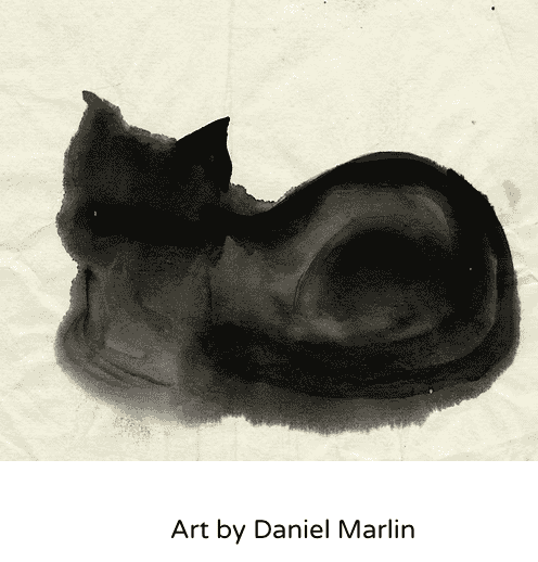 Black ink wash painting of a resting cat with pointed ears, created by Daniel Marlin.