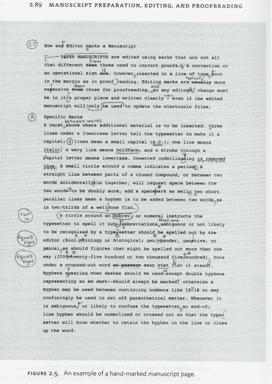 A typed manuscript page covered with handwritten copyediting marks, illustrating how an editor marks up a manuscript.