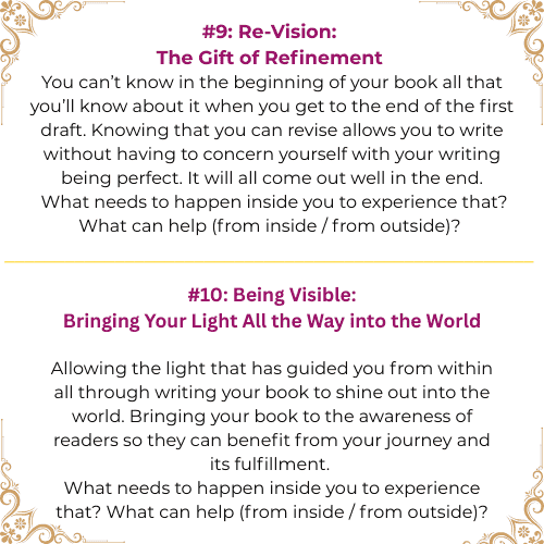 A page from a book or journal with sections titled '#9: Re-Vision: The Gift of Refinement' and '#10: Being Visible: Bringing Your Light All the Way into the World', featuring decorative borders and purple headings.
