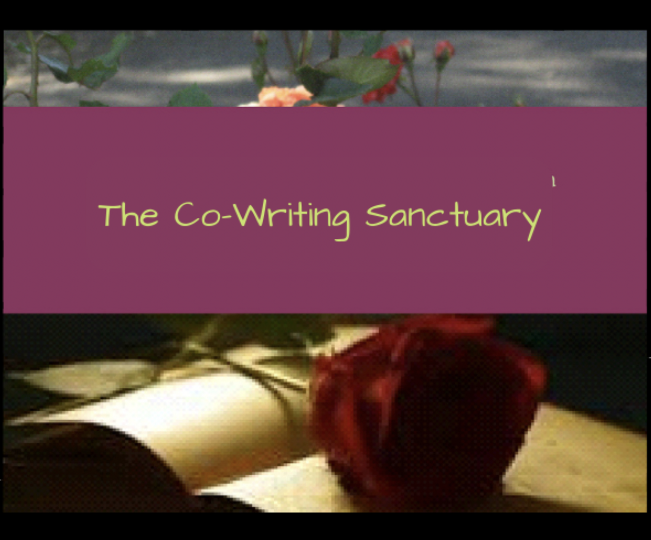 Co-Writing Sanctuary banner showing an open book with red rose against a purple background, representing the blend of writing and beauty in the sanctuary space