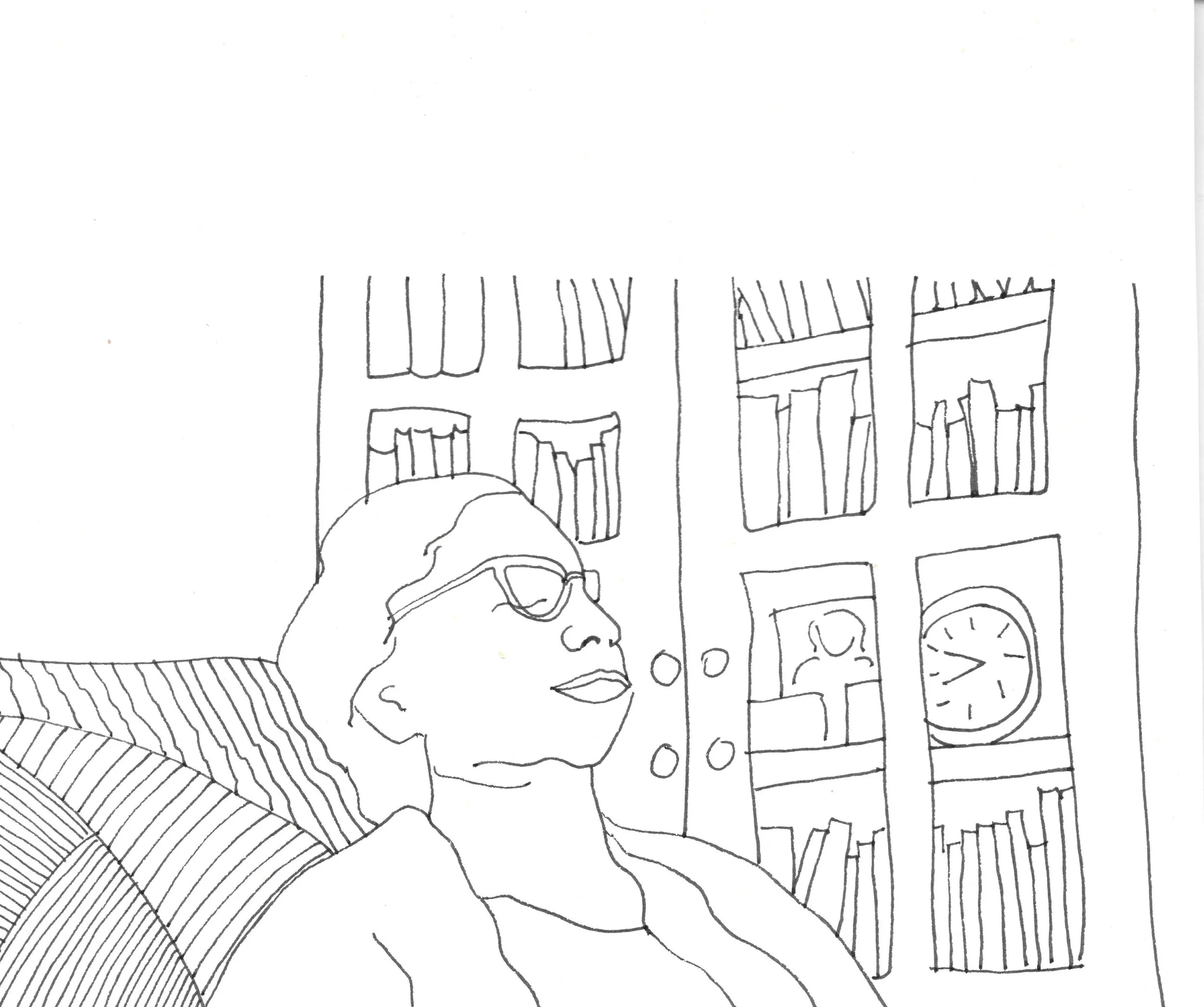 Line drawing of writer with closed eyes in inward contemplation surrounded by bookshelves