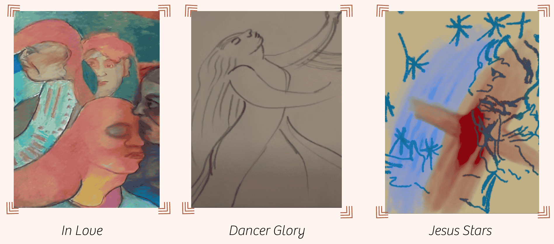 Three art pieces with titles: 'In Love', 'Dancer Glory', and 'Jesus Stars'. 'In Love' features a colorful, abstract portrait of two faces. 'Dancer Glory' is a simple line drawing of a woman dancing. 'Jesus Stars' is a stylized drawing of a person among star-like symbols with a red detail.