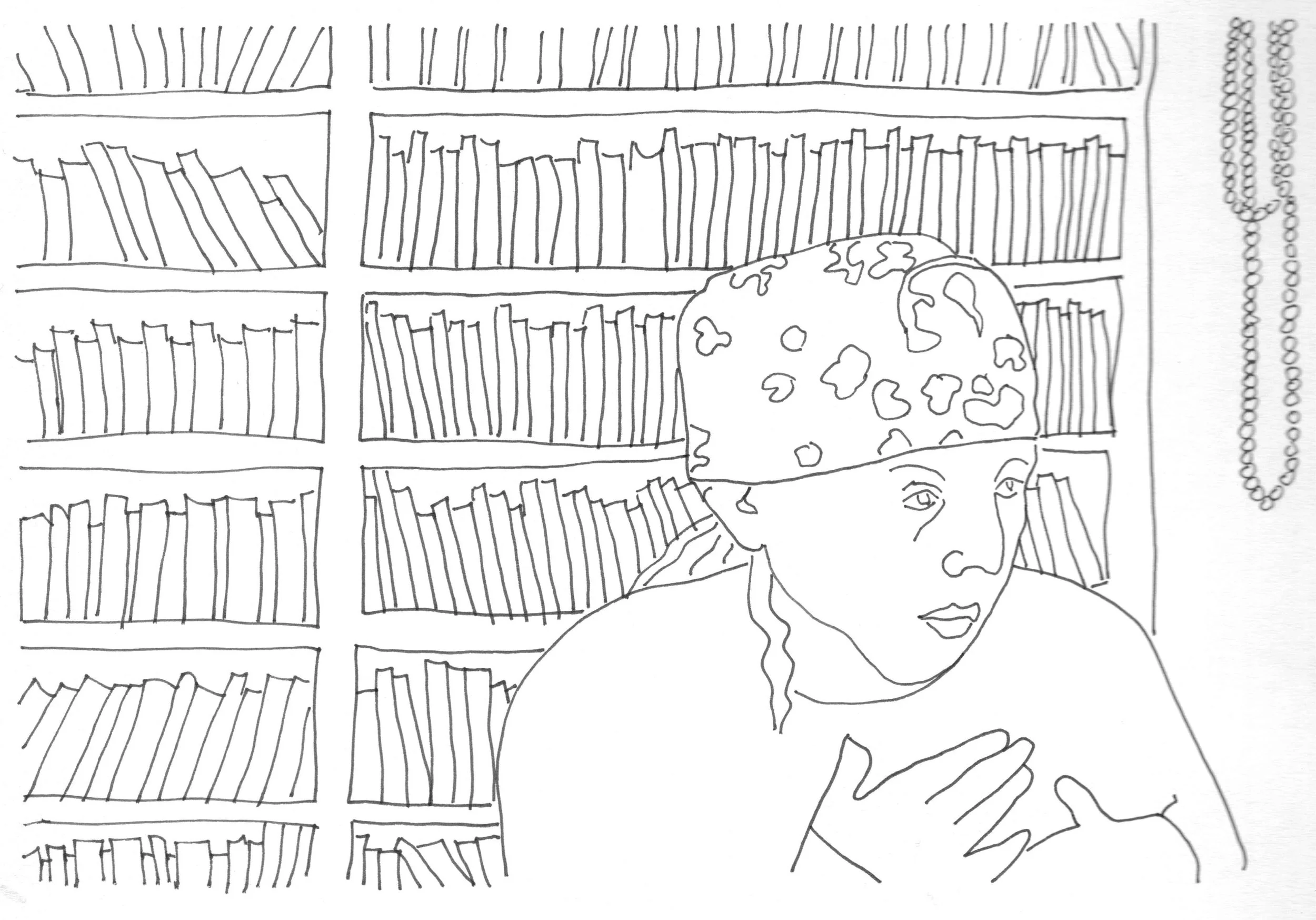 Line drawing of writer in contemplation beside bookshelf