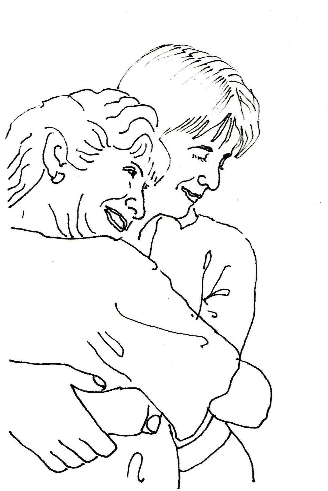 Line drawing of two children hugging and smiling.