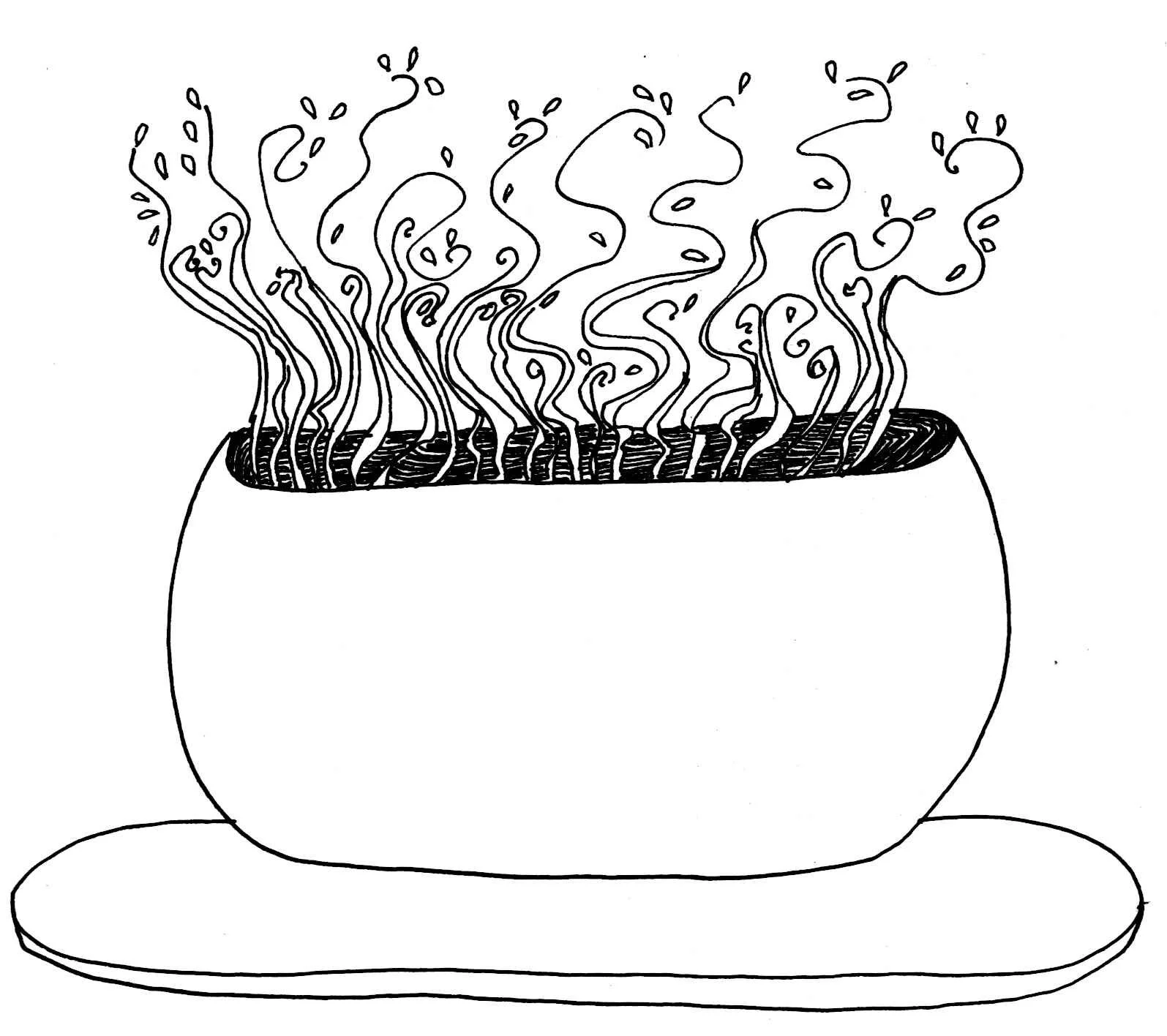 Black and white line drawing of a steaming bowl of soup or hot drink placed on a matching saucer.