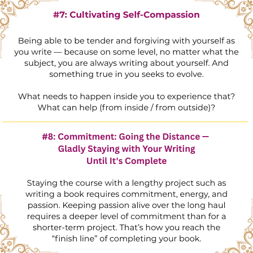 Text excerpt discussing cultivating self-compassion and commitment to completing a writing project, with decorative gold flourishes on the corners.