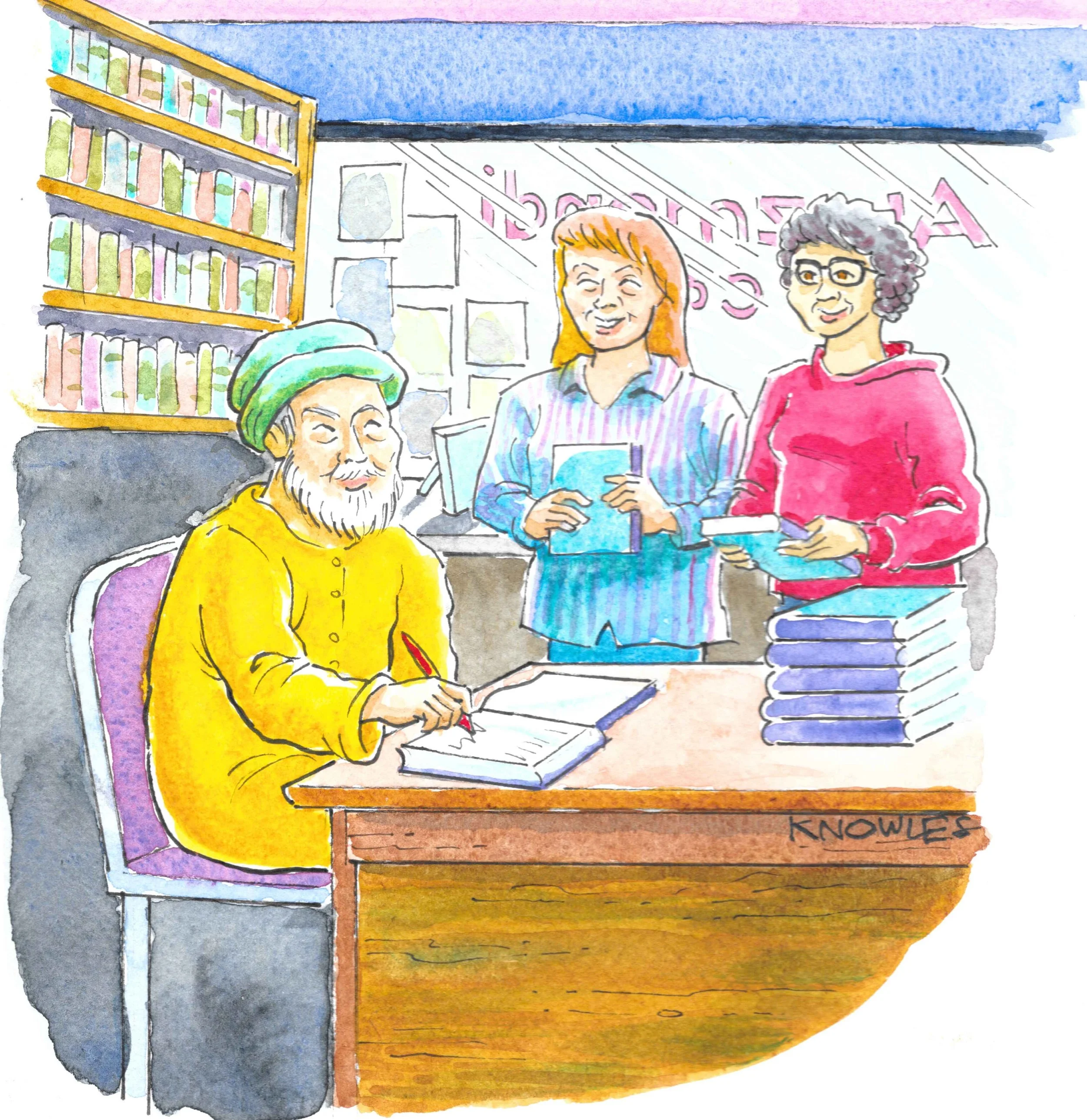 Book cover of "Jelaluddin Rumi Comes to Oakland: Poems" by Ralph Dranow, featuring a watercolor illustration of Rumi in a yellow robe and green turban signing books at a table in a bookstore, with two women looking on.