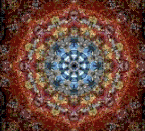 A colorful, symmetrical mandala pattern with intricate details in blue, yellow, and red hues.