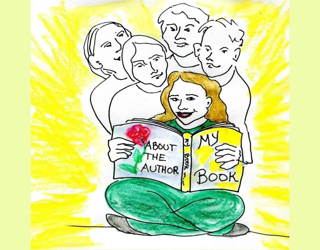 Colorful drawing by Naomi Rose showing an author looking at her published book surrounded by excited readers, representing the fulfillment and reach of self-publishing.