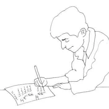 Line drawing of a child writing on a sheet of paper with a pencil.