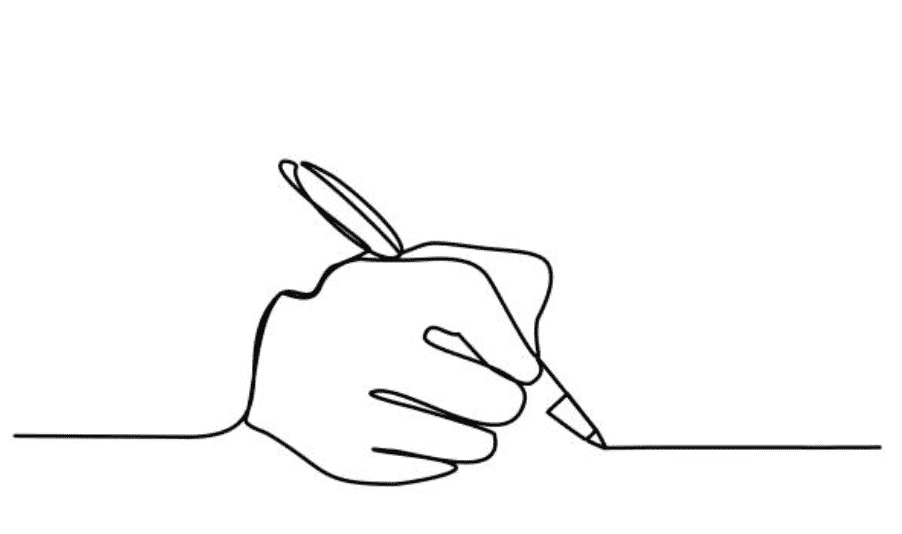 Continuous-line drawing of a hand holding a pen, writing along a flowing line