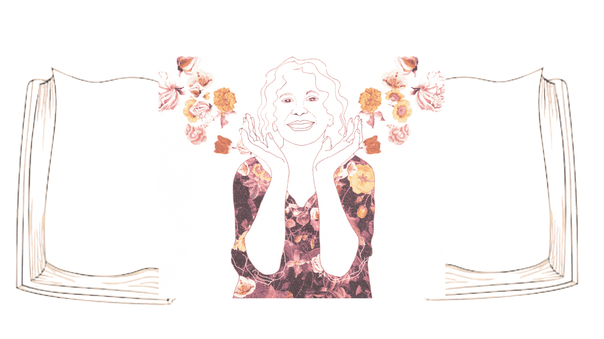 Illustrated woman with raised hands in joyful celebration, surrounded by colorful flowers. Detail from cover of “Starting Your Book: A Guide to Navigating the Blank Page by Attending to What’s Inside You,” by Naomi Rose.