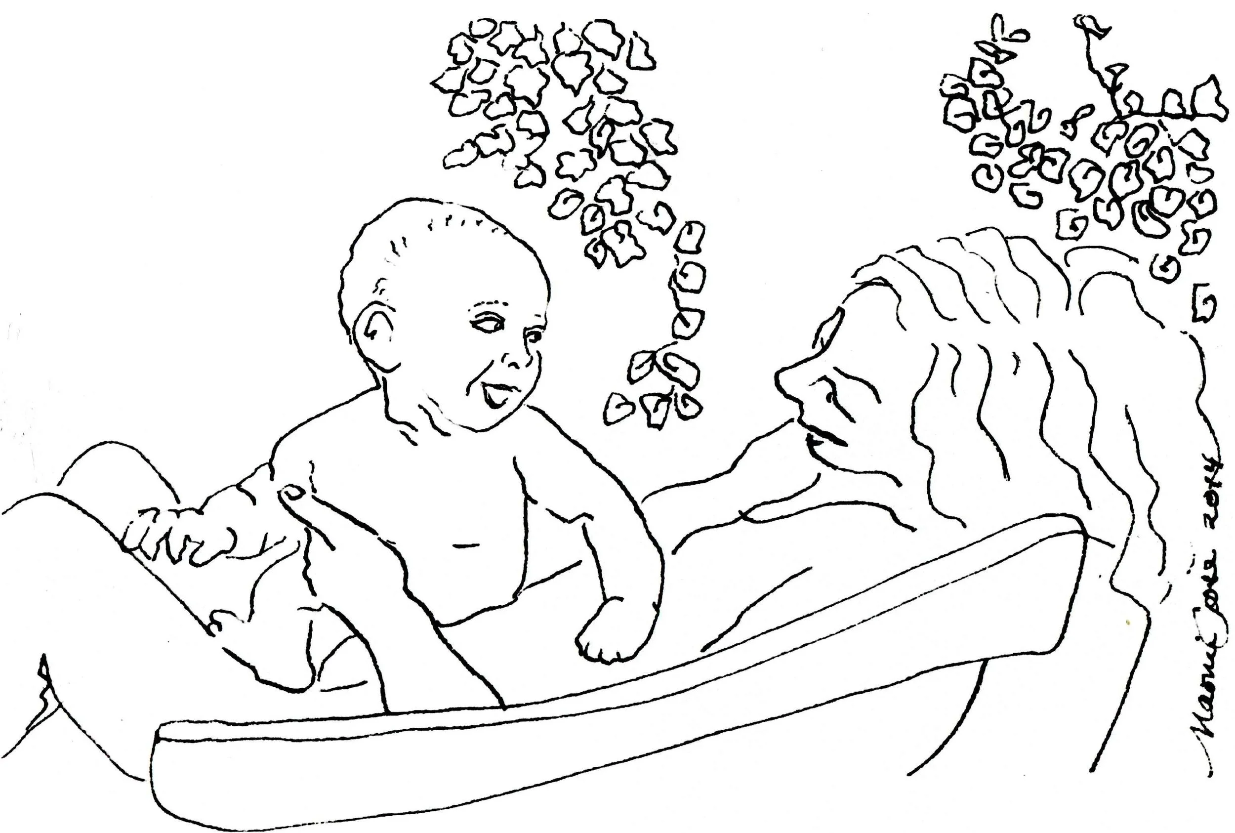 Line drawing of a woman reclining on a chair, gazing at a baby who sits up and reaches toward her, with leafy plants behind.