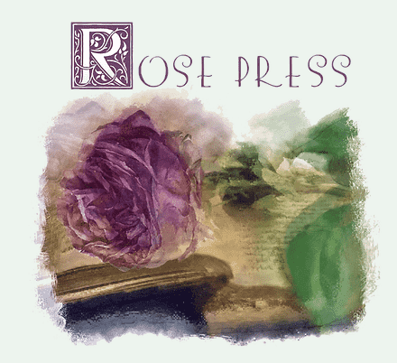 Rose Press logo featuring a large decorative letter R followed by the words "Rose Press" in elegant typography, with a watercolor background of a purple rose resting against an open book with green leaves.