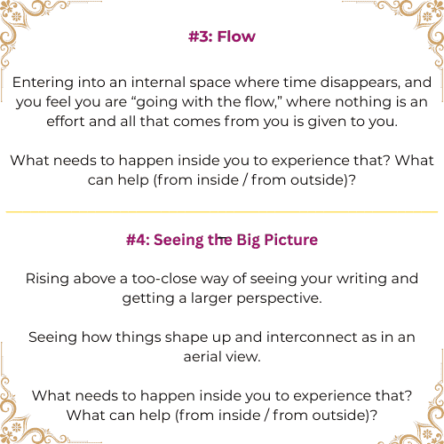 A page with two sections about flow and seeing the big picture, discussing internal experiences and gaining perspective in writing.