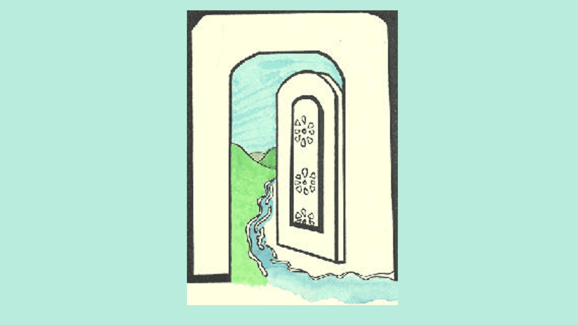 Hand-drawn illustration by Naomi Rose for the FAQ page featuring an architectural archway framing a pastoral landscape, representing the book-writing journey