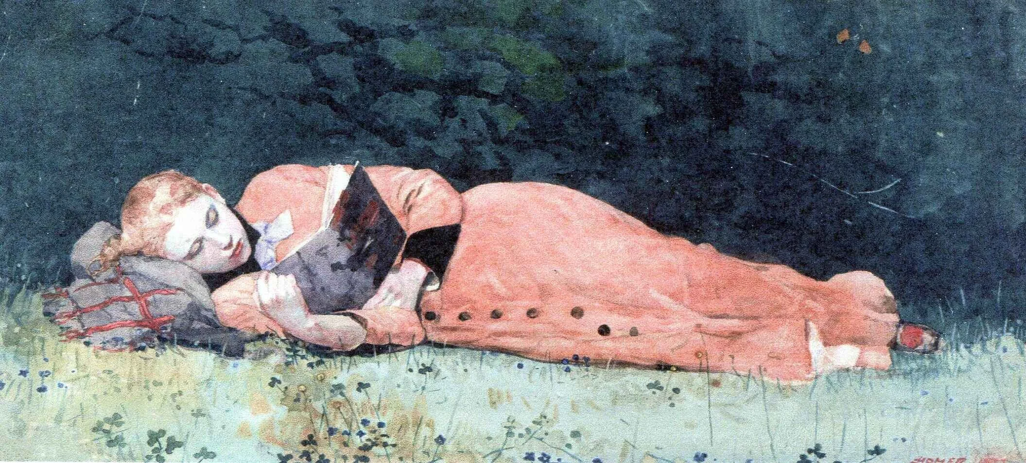 "The New Novel" (1877), a watercolor by Winslow Homer, showing a young woman in a pink dress reclining on the grass, absorbed in reading a book.