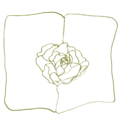 Simple line drawing of a rose emerging from the center of an open book, rendered in gold outline on white background