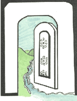 Hand-drawn illustration by Naomi Rose featuring an architectural archway framing a pastoral landscape, representing the book-writing journey.