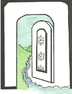 Hand-drawn illustration by Naomi Rose for the FAQ page featuring an architectural archway framing a pastoral landscape, representing the book-writing journey