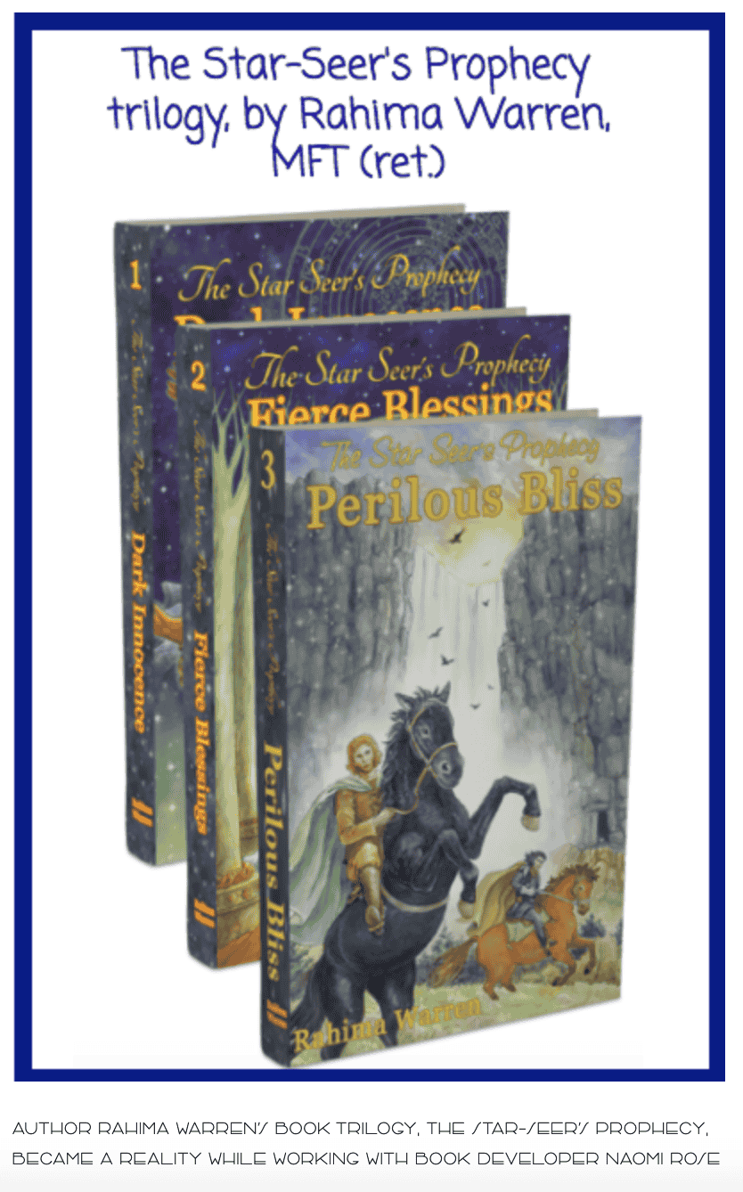 Book trilogy titled 'The Star-Seer's Prophecy' by Rahima Warren, featuring three fantasy novels with illustrated covers showing a girl on a black horse, a forest, and a mystical landscape.