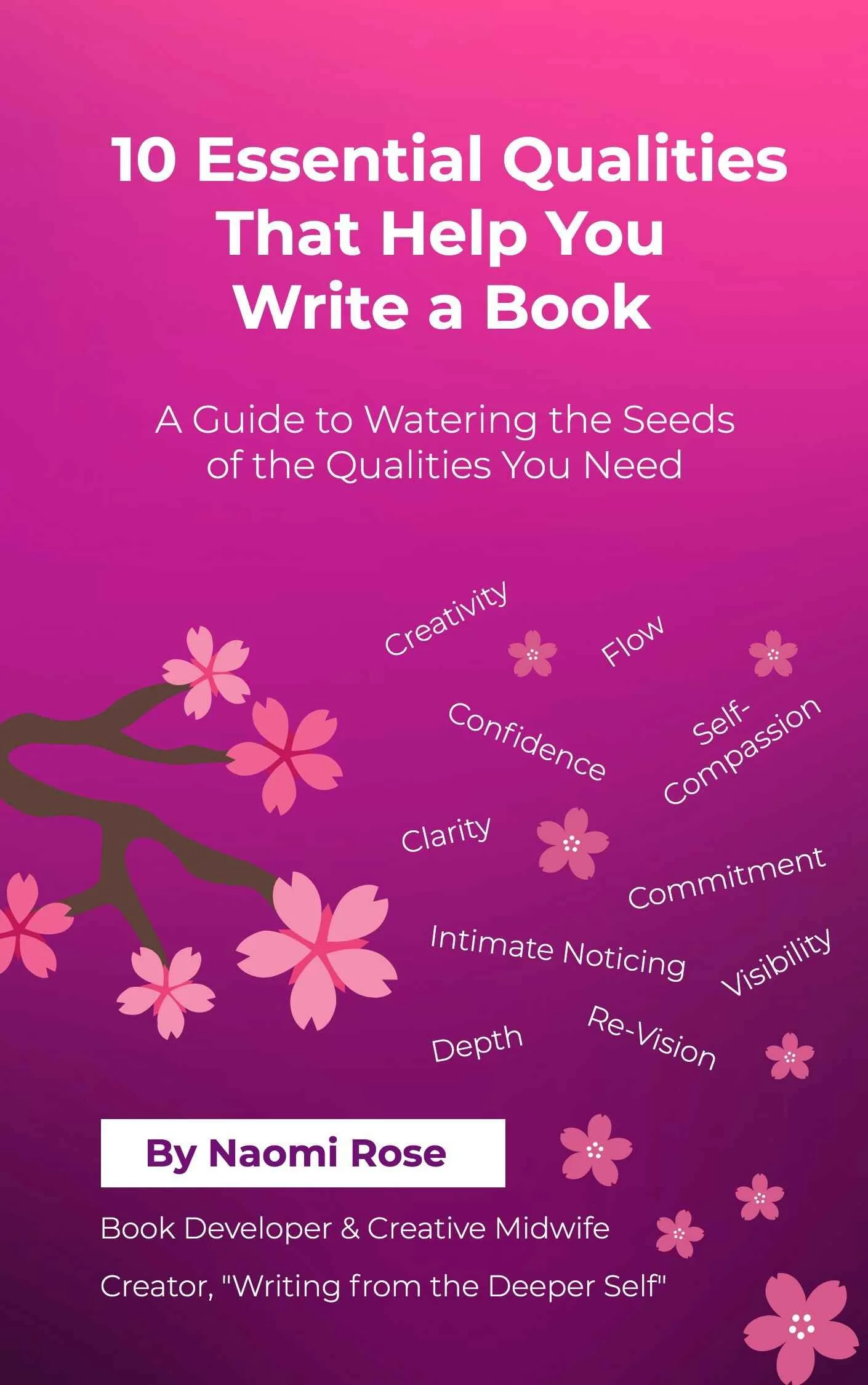 Book cover of “10 Essential Qualities That Help You Write a Book” by Naomi Rose, with pink floral design and names of the essential qualities like Creativity, Flow, Confidence, etc. scattered on a bright pink gradient background