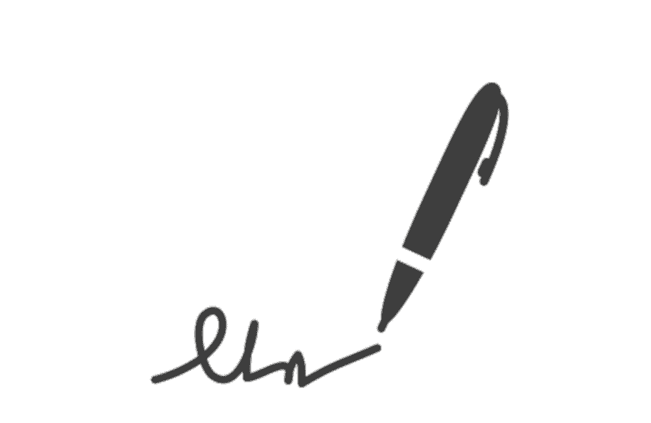 Simple line illustration of a fountain pen writing cursive script.