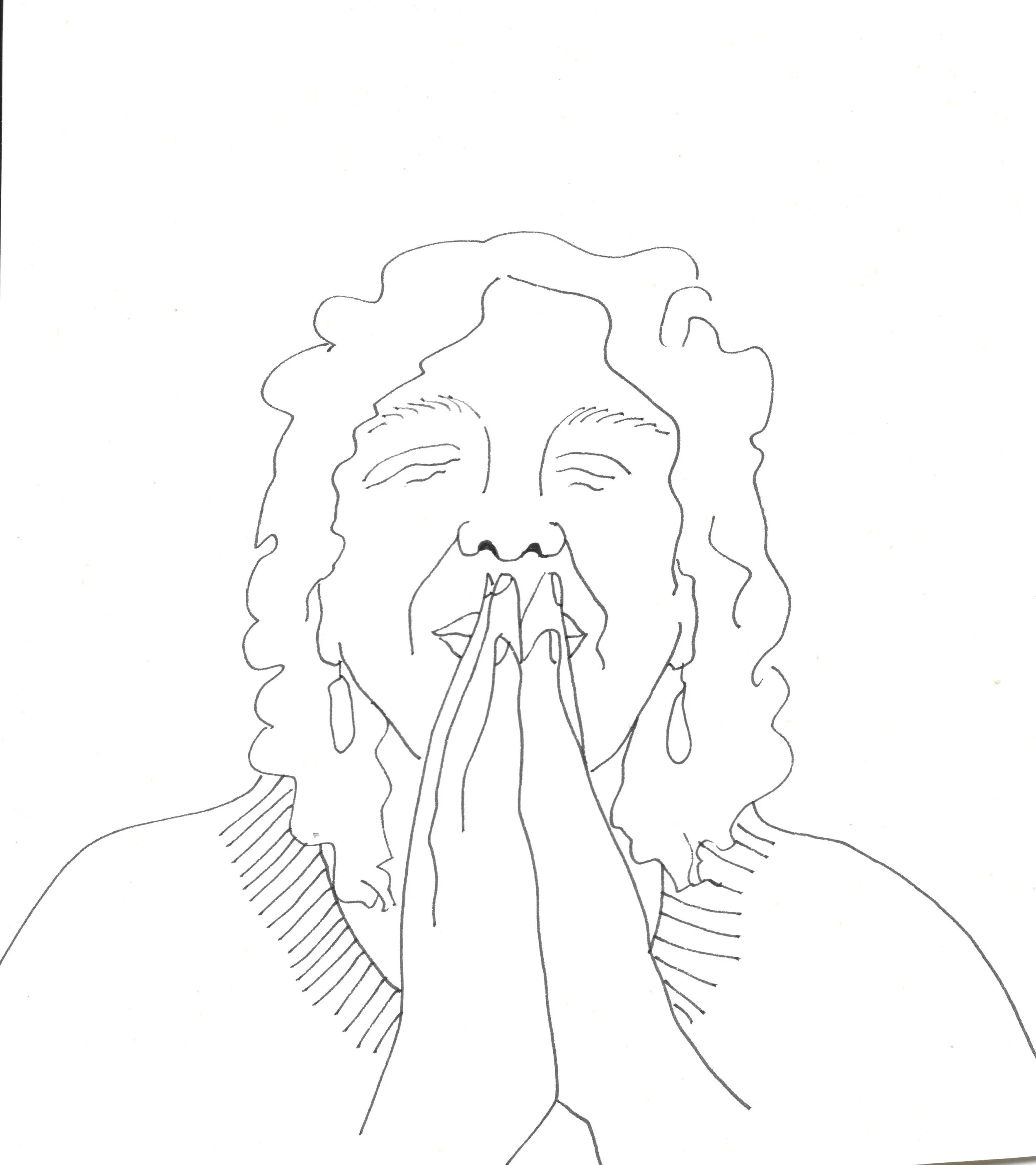 Line drawing of writer in contemplative state with hands in prayerful pose