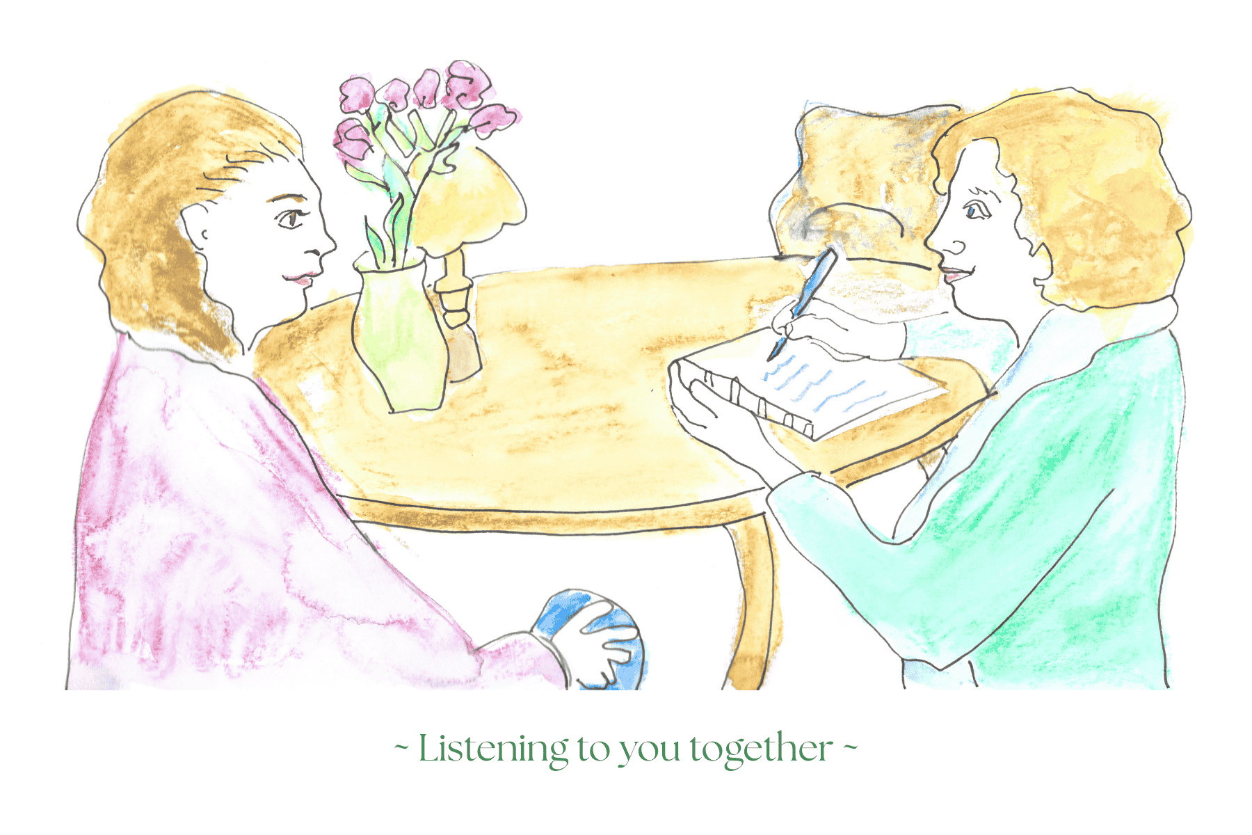 Watercolor illustration of two women sitting across from each other at a round table with flowers, one writing in a notebook, capturing the intimate listening quality of a book-development session with Naomi Rose.