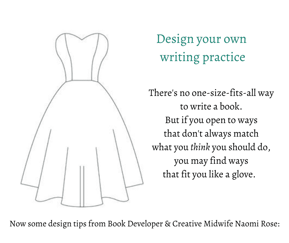 A line drawing of a dress with a fitted bodice and flared skirt, accompanied by text about designing your own writing practice and tips from Naomi Rose.