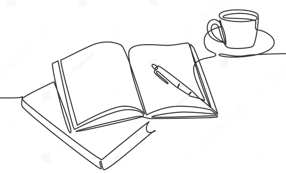 Simple line drawing of an open book with a pen and coffee cup on a table, representing the writing process and creative workspace for the FAQ page